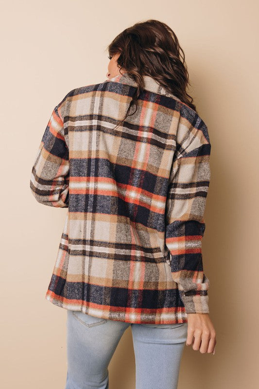 Brown & Pumpkin Spice Rust Plaid Flannel Button Down Wool Shacket