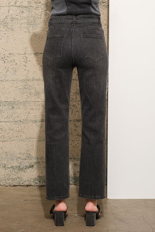 Black Mid Rise Paisley Rhinestone Embellished Skinny Stretch Denim Jeans