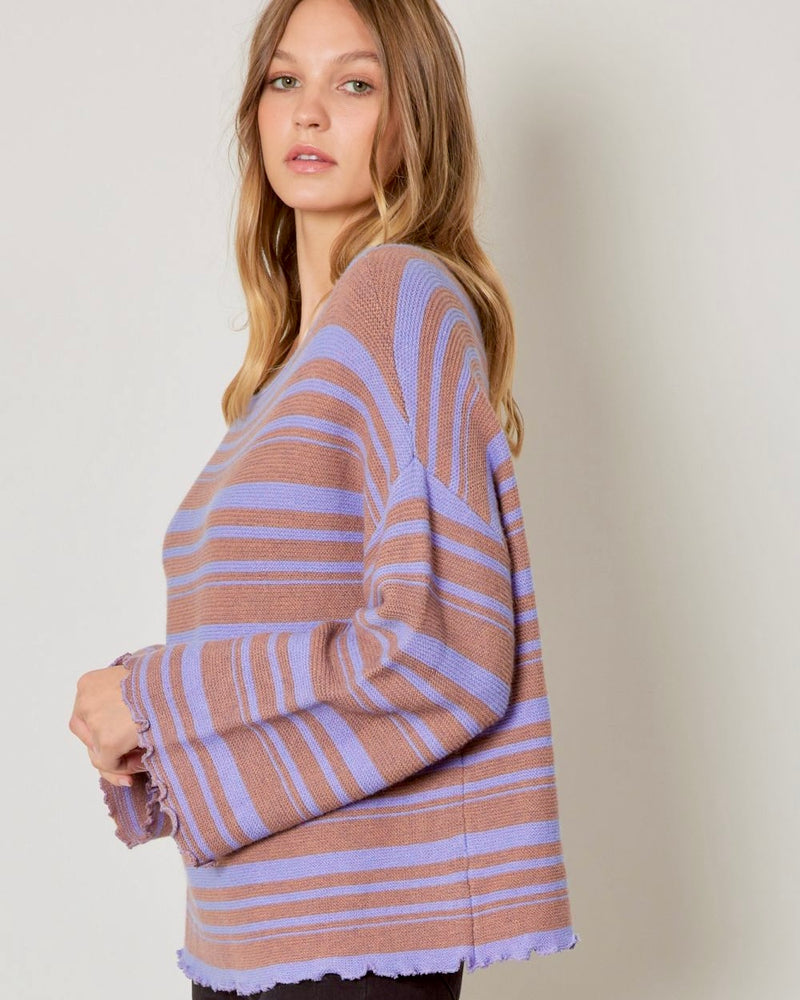 Purple Brown Striped Round Neck Lettuce Hem Detail Sweater Top