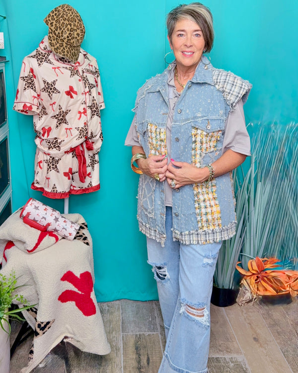 Denim Mix Patch Button Down Vest Jacket