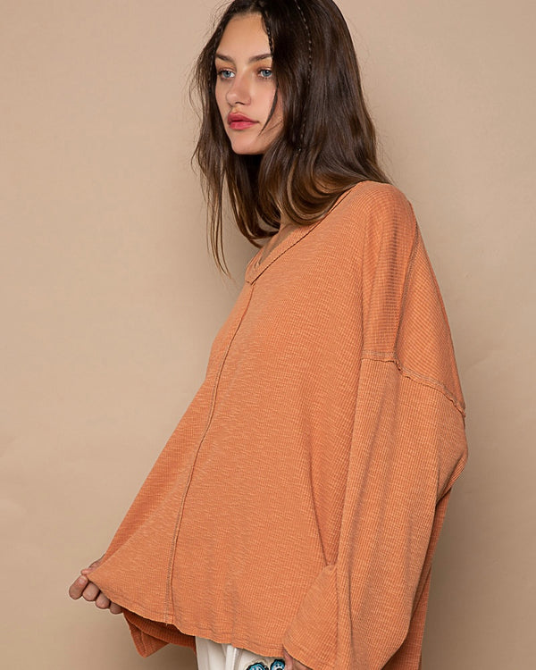 Burnt Topaz Terra Cotta VNeck Long Sleeve Oversized Texture Raw Edge Top