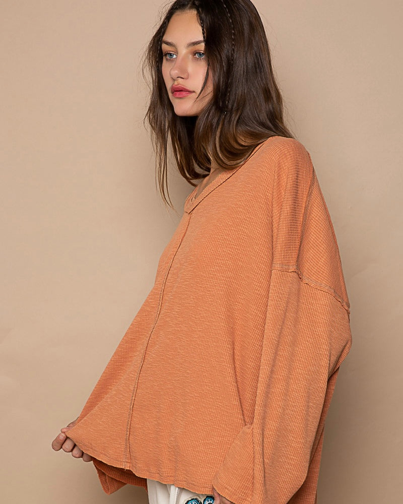 Burnt Topaz Terra Cotta VNeck Long Sleeve Oversized Texture Raw Edge Top