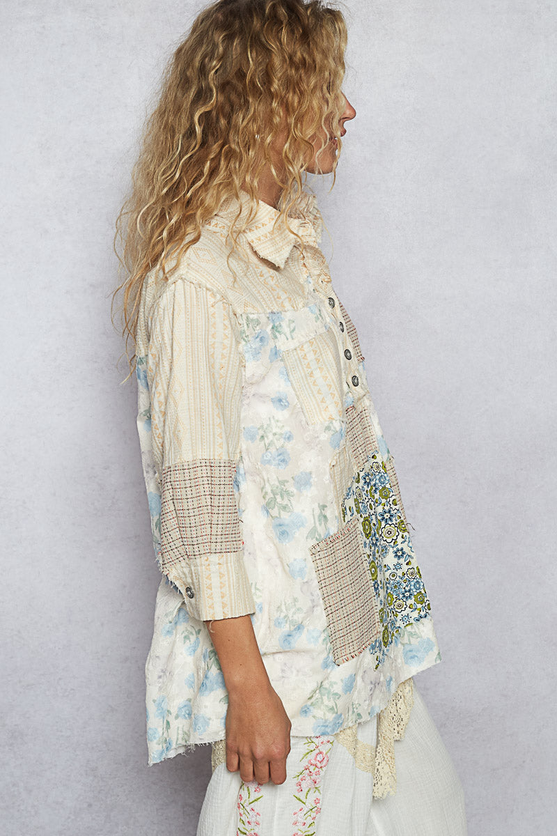 Cream Neutral Mix Media Patchwork 3/4 Sleeve Button Collar Shirt Jacket Top