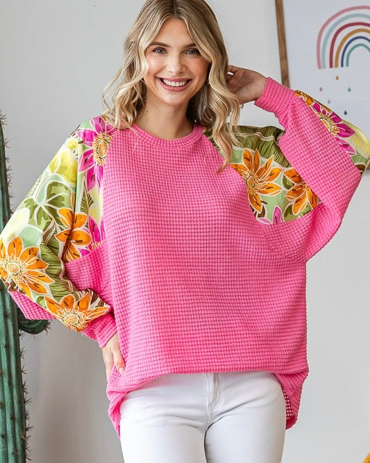 Solid White or Pink Waffle Top with Contrasting Colorful Floral Long Sleeve Top