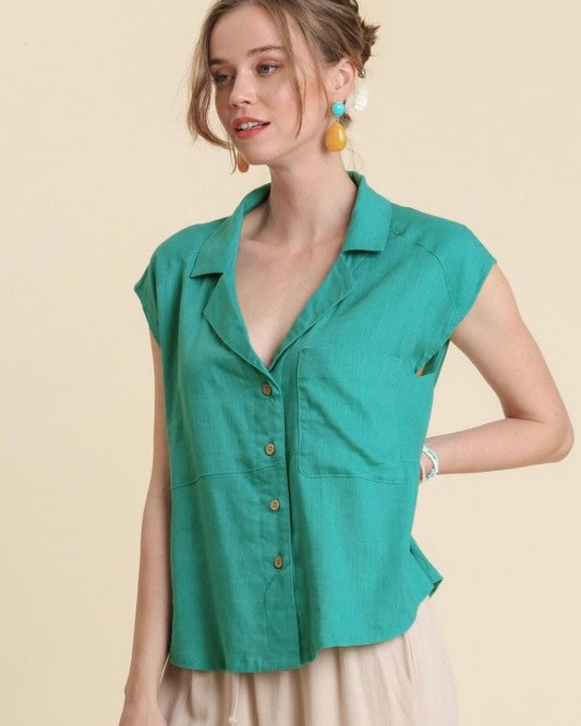 Teal Green or Brick Red Button Down Linen Blend Short Sleeve