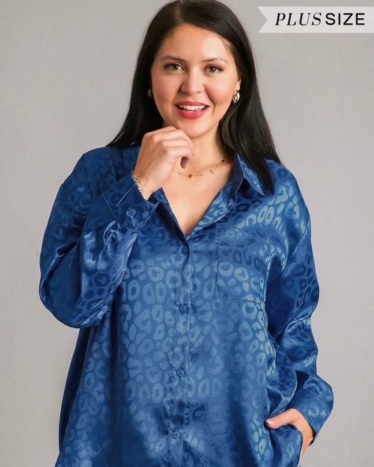 Plus Size Sapphire Blue or Rose Gold Animal Jacquard Leopard Print Long Sleeve Button Down Satin Like Blouse