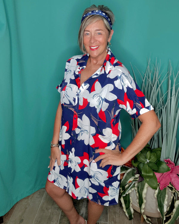 RWB Tropical Floral Print Lake Days Button Up Short Sleeve Dress