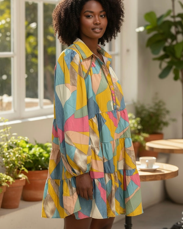 Plus Size Multicolor Blue, Yellow, Green & Pink Graphic Abstract Print Long Sleeve Tier Dress