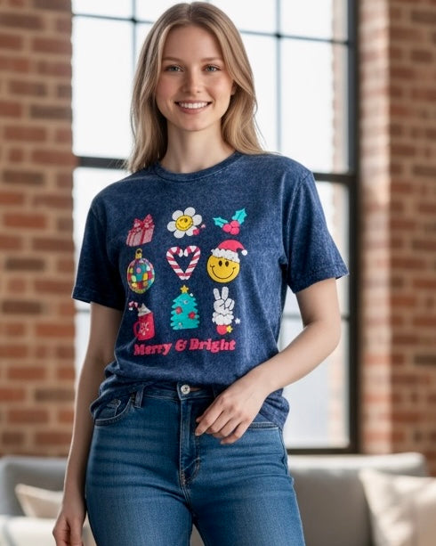Christmas Holiday Merry & Bright Black Mineral Wash Christmas Short Sleeve T-Shirt Top
