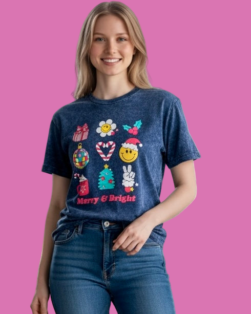 Christmas Holiday Merry & Bright Black Mineral Wash Christmas Short Sleeve T-Shirt Top