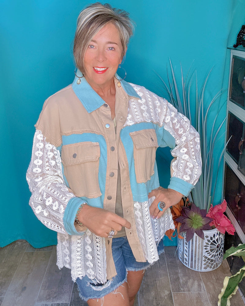 Aqua Teal Boho Button Down Thermal Crocket Mix Fabric Fray Edge Long Sleeve Oversized Shirt Jacket