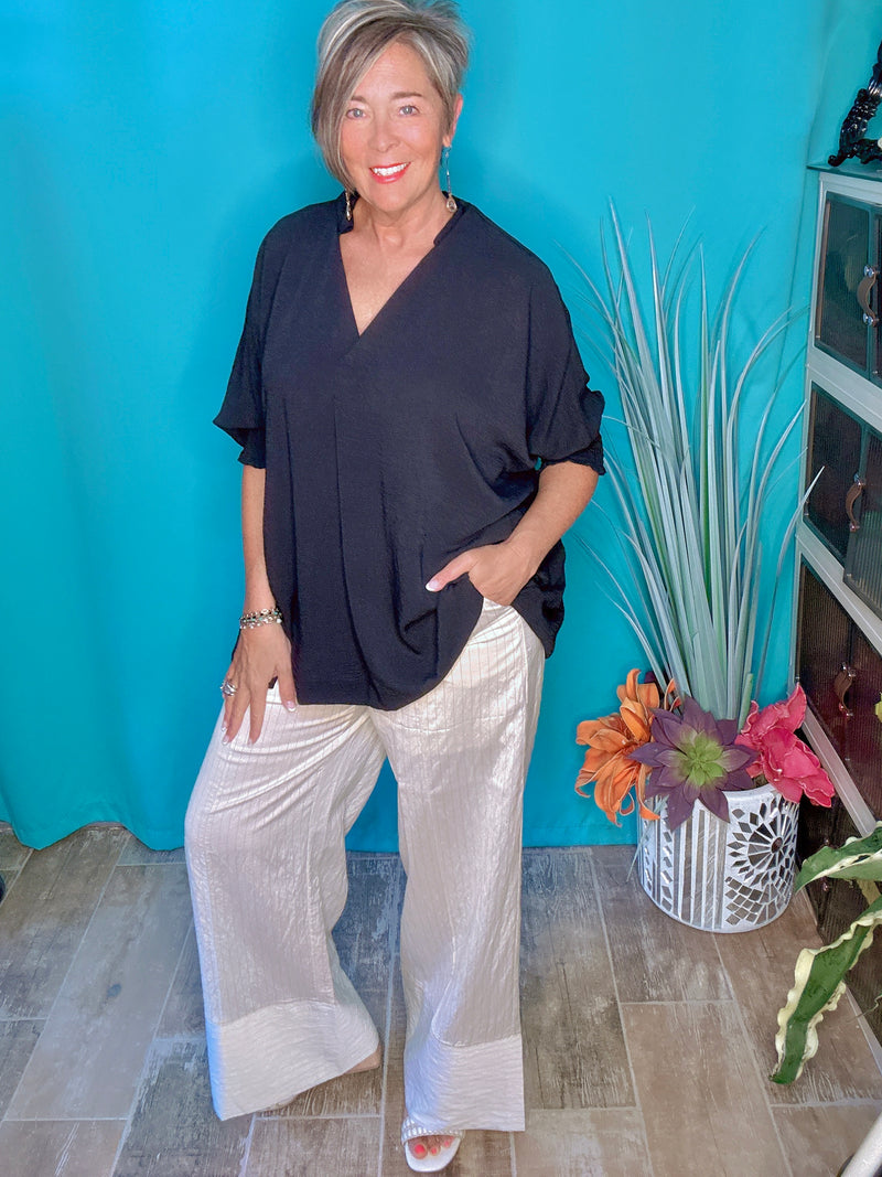 Solid Black Dolman 3/4 Elastic Smock Cuff Sleeve Collared VNeck Blouse