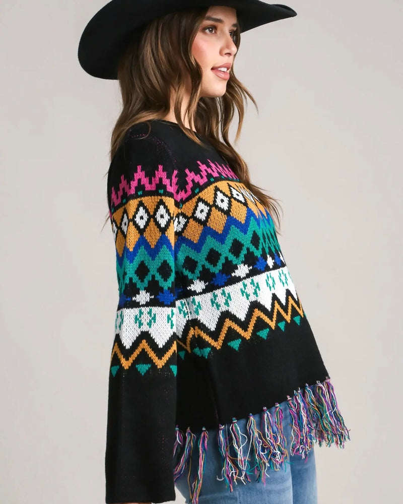 Black or White Multicolor Print Scoop Neck Boxy Drop Shoulder Fringe Sweater Top
