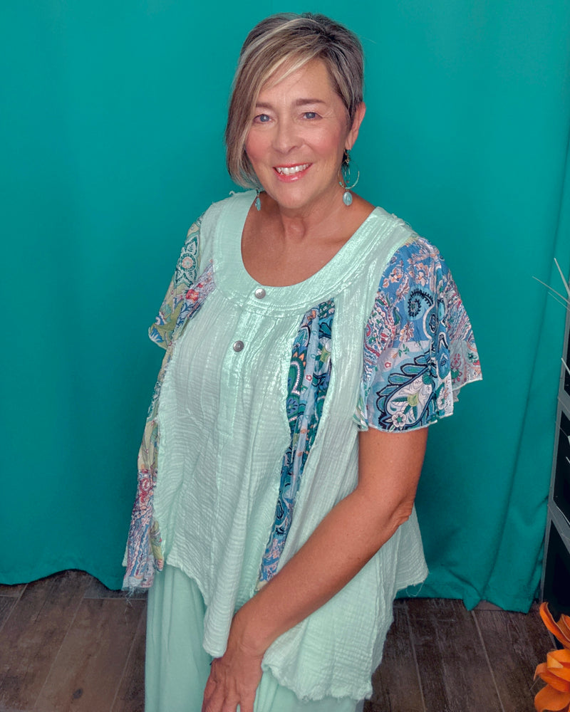 Boho Mint Green & Blue Paisley Mix Media Gauze Flare Short Sleeve Button Neck Top