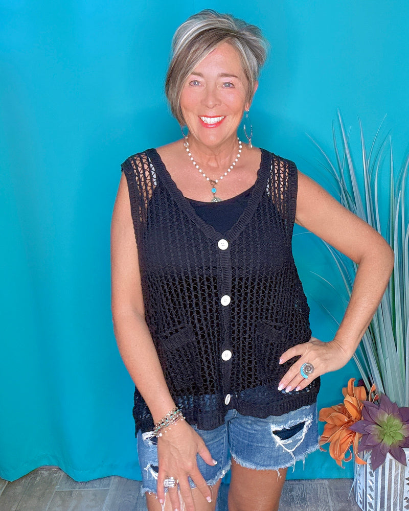 Black Hollowed Out Sleeveless Button Down Sweater Vest Top
