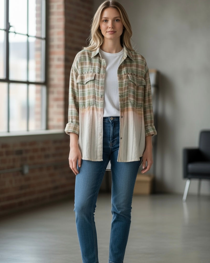 Green & Cream Ombre Plaid Stud Button Down Long Sleeve Top