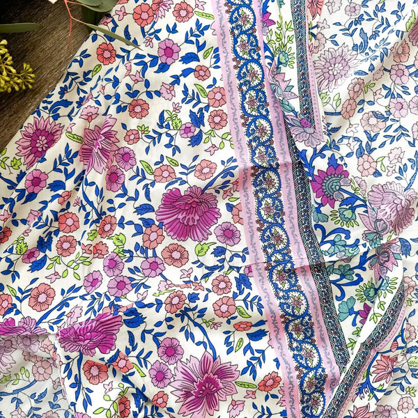 Pink, Purple, Blue & White Boho Floral Abstract Open Front Kimono