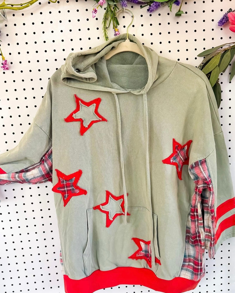 Star Patch Mineral Washed 3/4 Sleeve Hoodie Pullover