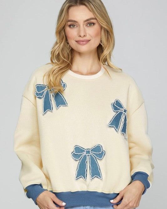 Cream & Blue Pearl Embellished Denim Ribbon Bow Patch Long Sleeve Sweatshirt