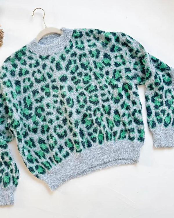 Blue Green Leopard Soft Fuzzy Long Sleeve Sweater Top