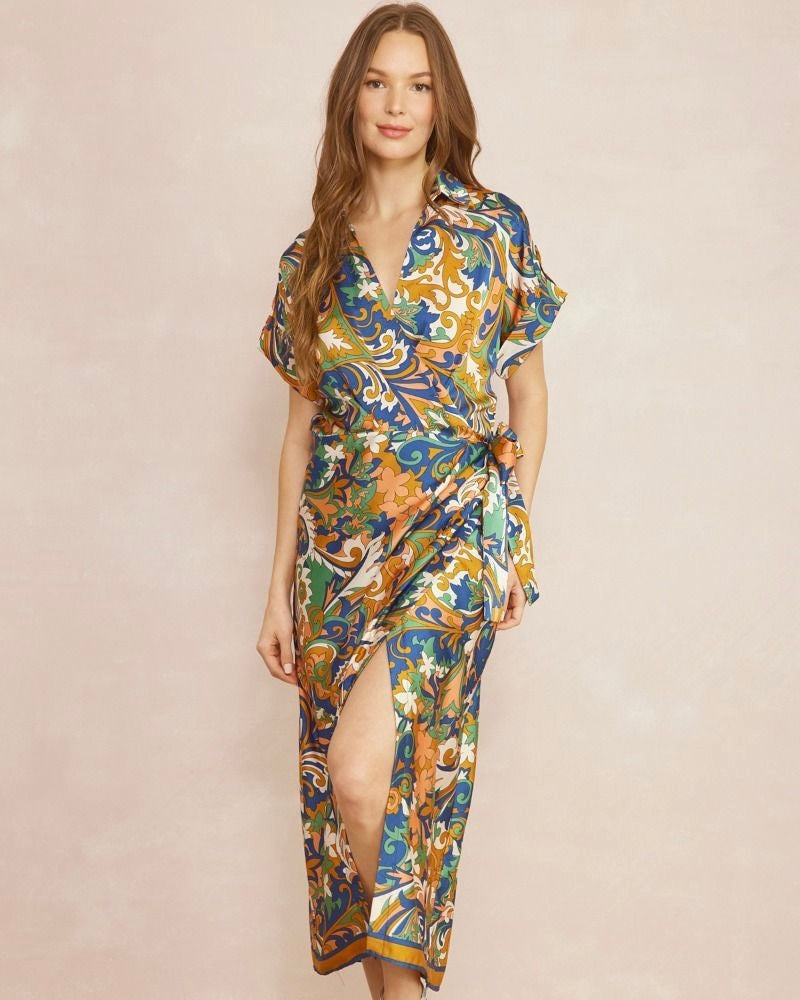 Gold & Blue Floral Paisley Wrap Short Sleeve Midi Dress