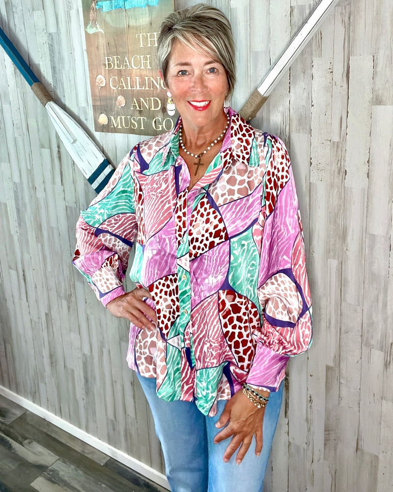 Pink & Turquoise Multi Mix Media Animal Leopard Block Print Satin Long Sleeve Blouse