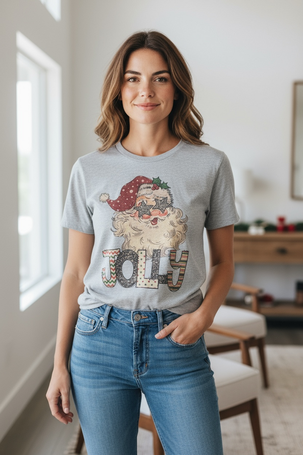 Light Gray Santa Star Eye Leopard "Jolly" Christmas Holiday Short Sleeve Graphic TShirt Top