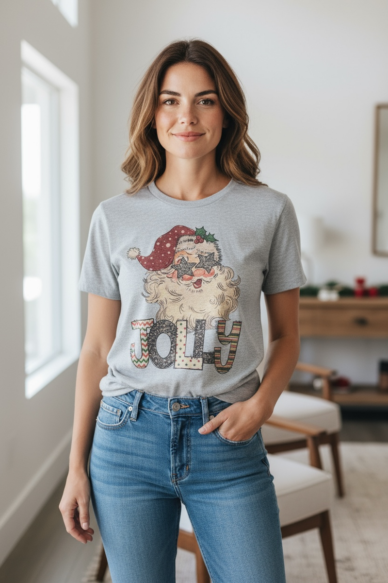Light Gray Santa Star Eye Leopard "Jolly" Christmas Holiday Short Sleeve Graphic TShirt Top