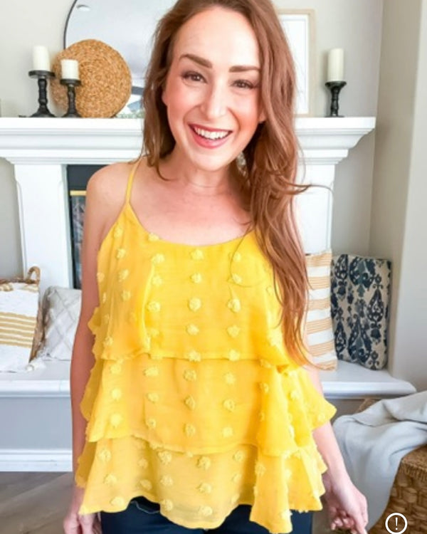 Yellow Gold Swiss Dot Layered Ruffle Adjustable Spaghetti Strap Tank
