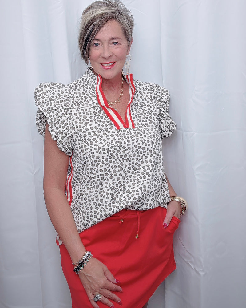 Brown Leopard Red Stripe Trim Open VNeck Short Sleeve