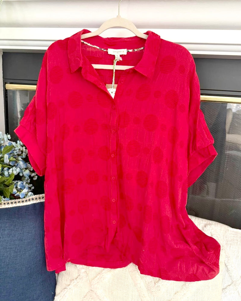 Plus Size Red Textured Polka Dot Circle Button Collared Short Sleeve Top