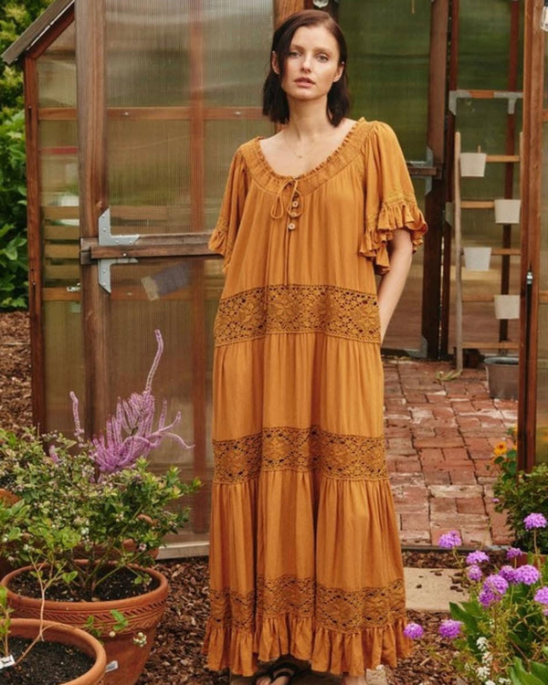 Blush Mauve or Pumpkin Spice Lace Trim Tiered Relaxed Short Ruffle Sleeve Maxi Dress