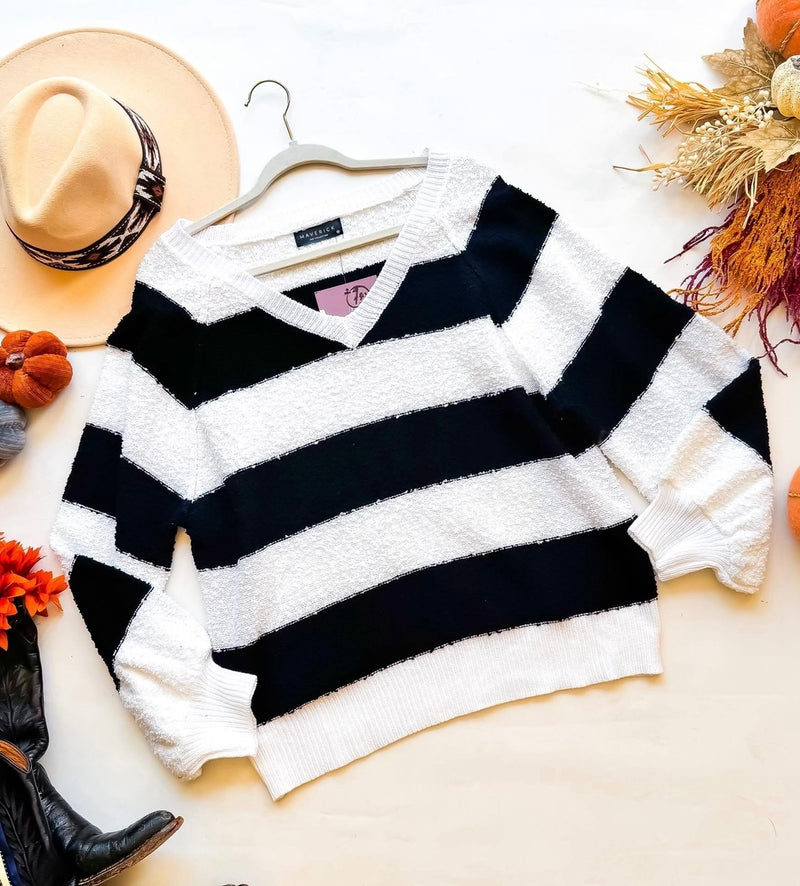 Black & White Bold Varsity Stripe Long Sleeve VNeck Sweater Top