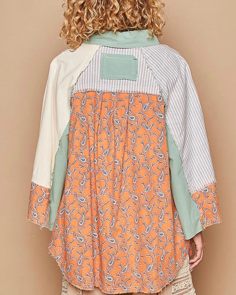 Cotton Boho Apricot Peach, Sage Green & Cream Mix Media Block Button Down 3/4 Wide Sleeve Collared Raglan Shoulder Fray Edge Oversize Top