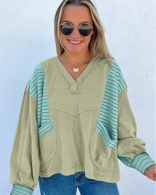 Green Textured Waffle Fabric Striped Patchwork Oversize Pullover