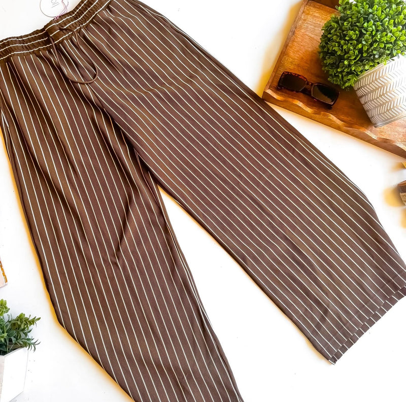 Brown Pull On Striped Elastic Waist Wide Straight Leg Pant