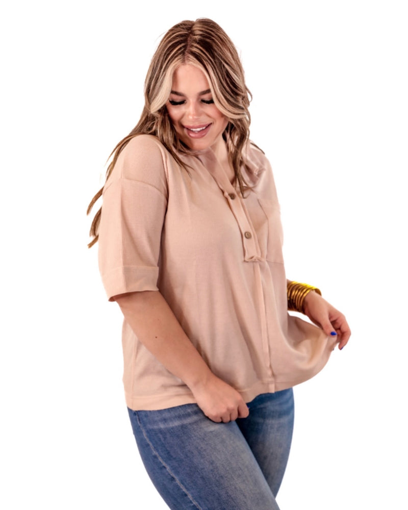 Bubble Gum Pink or Blush Neutral Tan Button Front Pocket Short Sleeve Waffle Ribbed Top