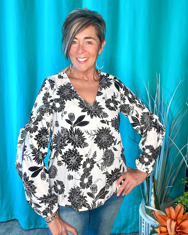 White with Black Floral Long Sleeve  Ruffle Top