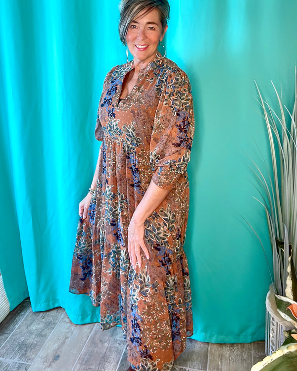 Brown w/Blue Floral Print Sheer Overlay 3/4 sleeve Open VNeck Dress