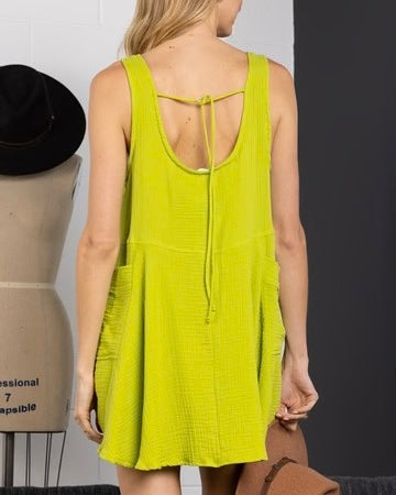 Solid Lime Green or Pink Gauze Pocket Cami Sleeveless Mini Tunic Tank Dress