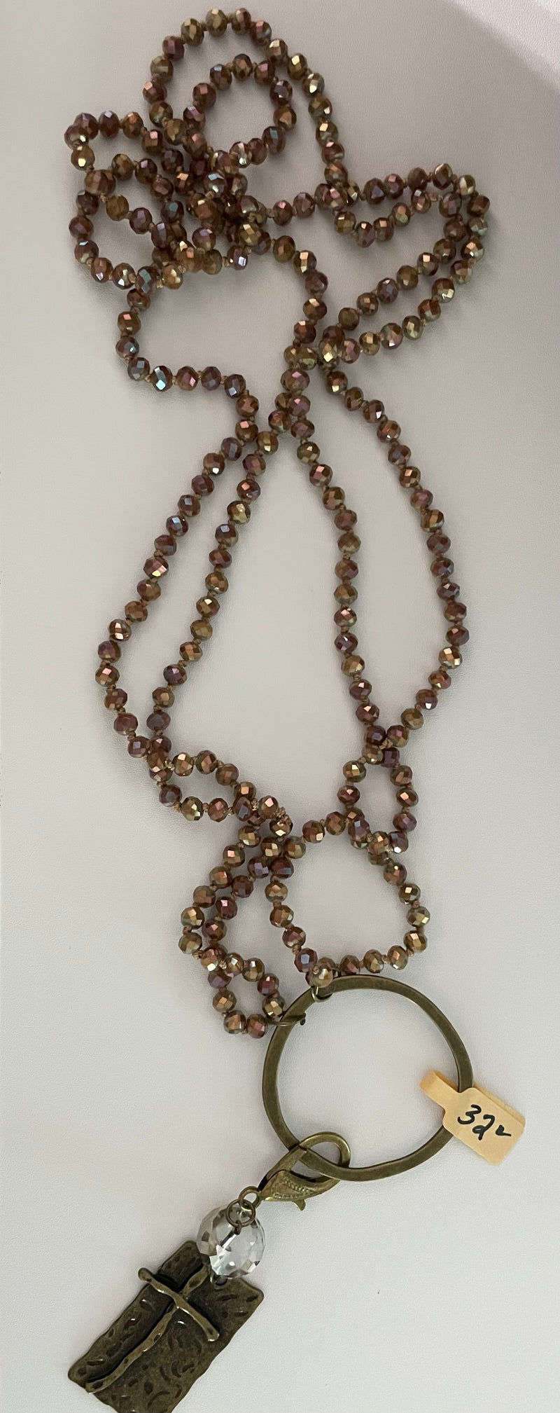 Double Layer Long Solid Amber Gold Color Beaded Necklace with Metal Ring & Claw Cross Metal & Crystal Pendant