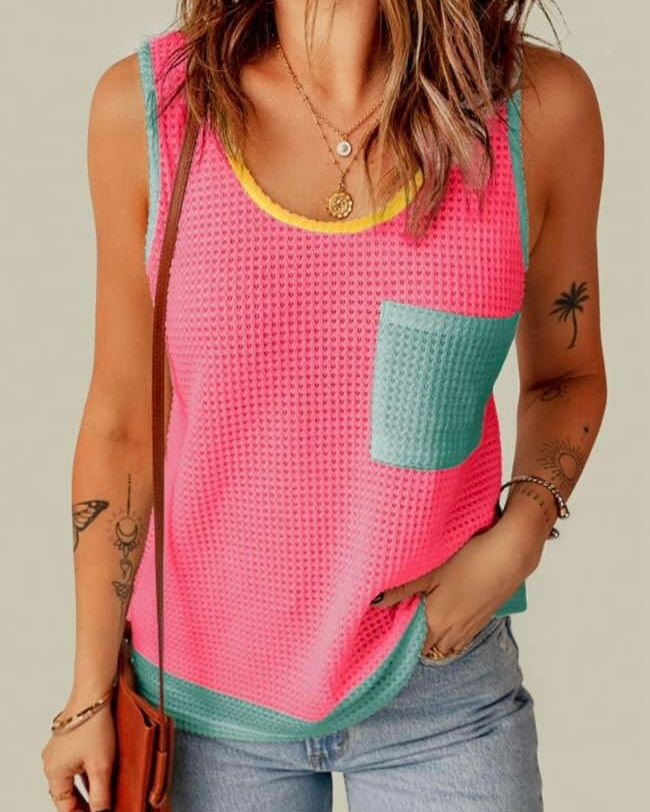 Hot Pink Blue Pocket Waffle Tank Top with Color Trim Top