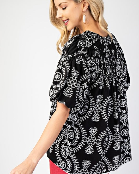 Black with White Trim Embroidery Print Short Puff Sleeve Open Neck Top