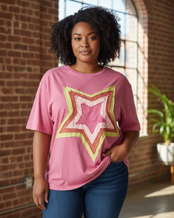 Plus Size Pink 3-D Patch Star 3/4 Sleeve Top