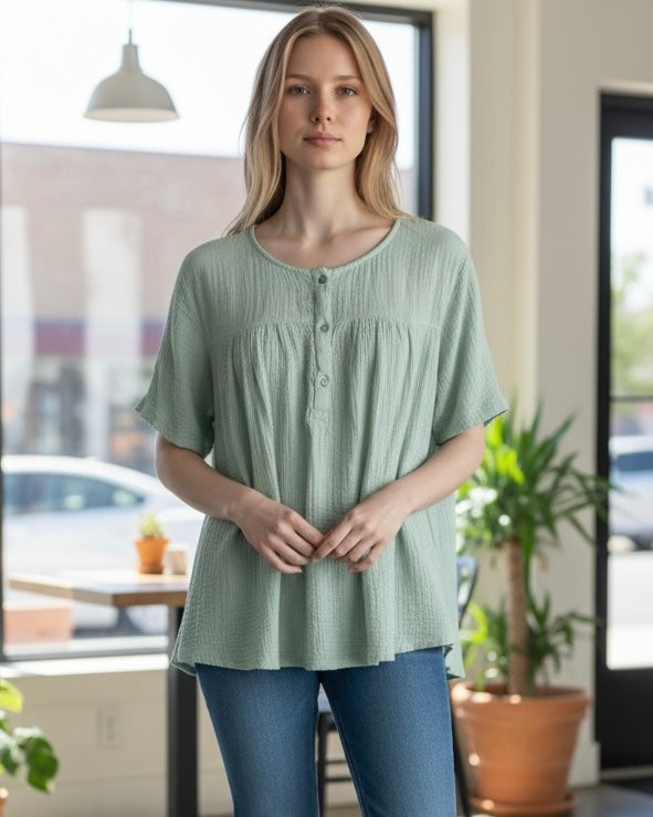 Blue, Mint Green or Light Pink Cotton Gauze Short Sleeve Round Button Neck Top