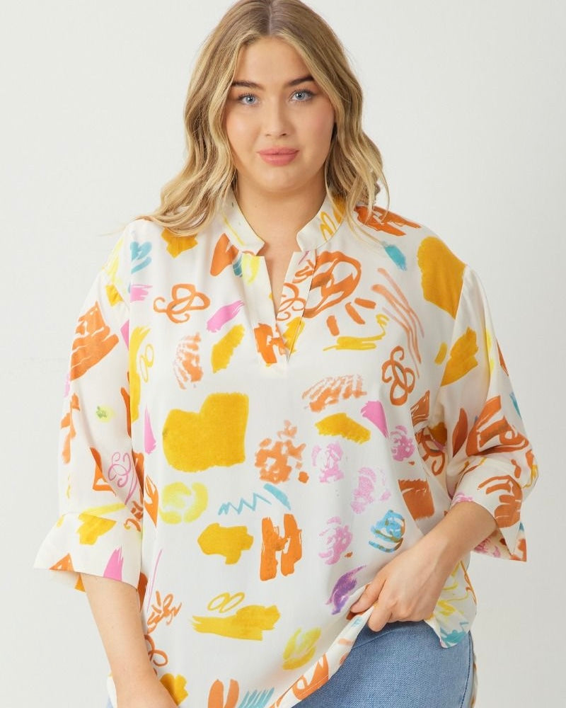 Plus Size Mango Multicolor Graphic Abstract 3/4 Sleeve Top