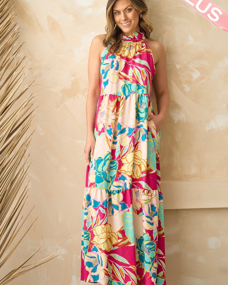 Pink Magenta, Turquoise Tropical Floral Print on Tan Halter Neck Sleeveless Maxi Sundress