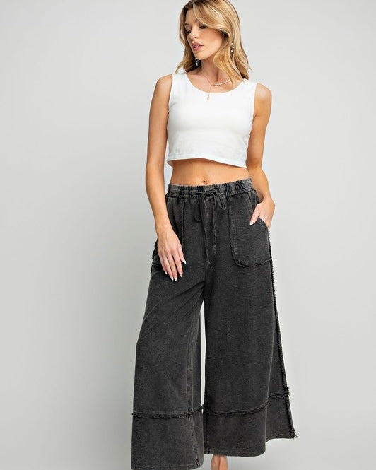 Boho Style Mineral Washed Terry Knit Wide Palazzo Leg Lounge Pants