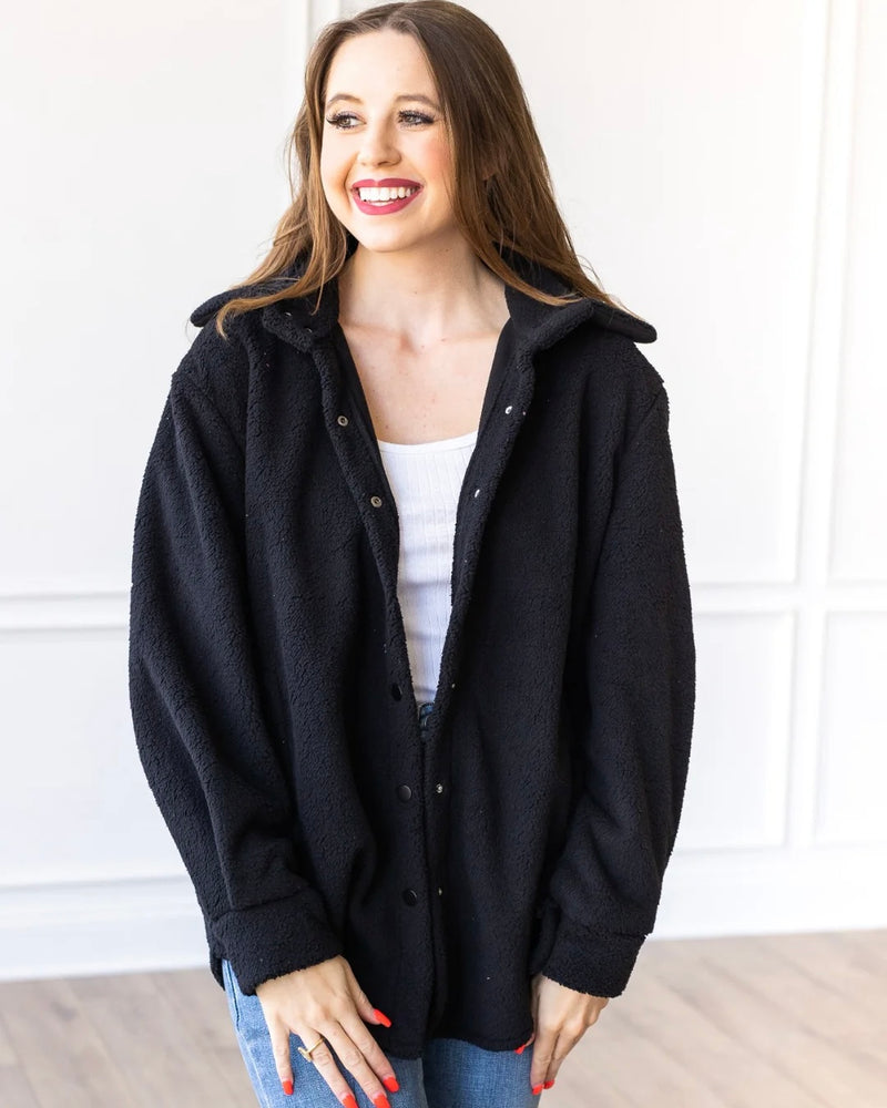 Black, Ivory or Camel Oversized Long Sleeve Button Front Sherpa Shacket