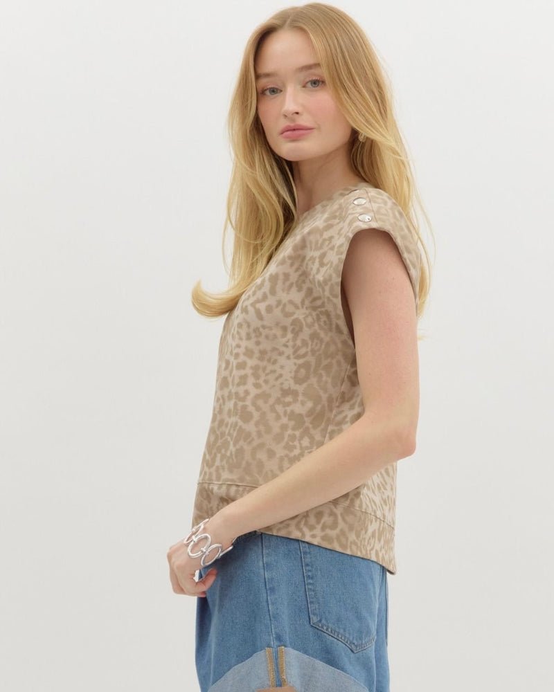 Khaki Brown or Charcoal Black Sleeveless Leopard Print Stud Shoulder Top
